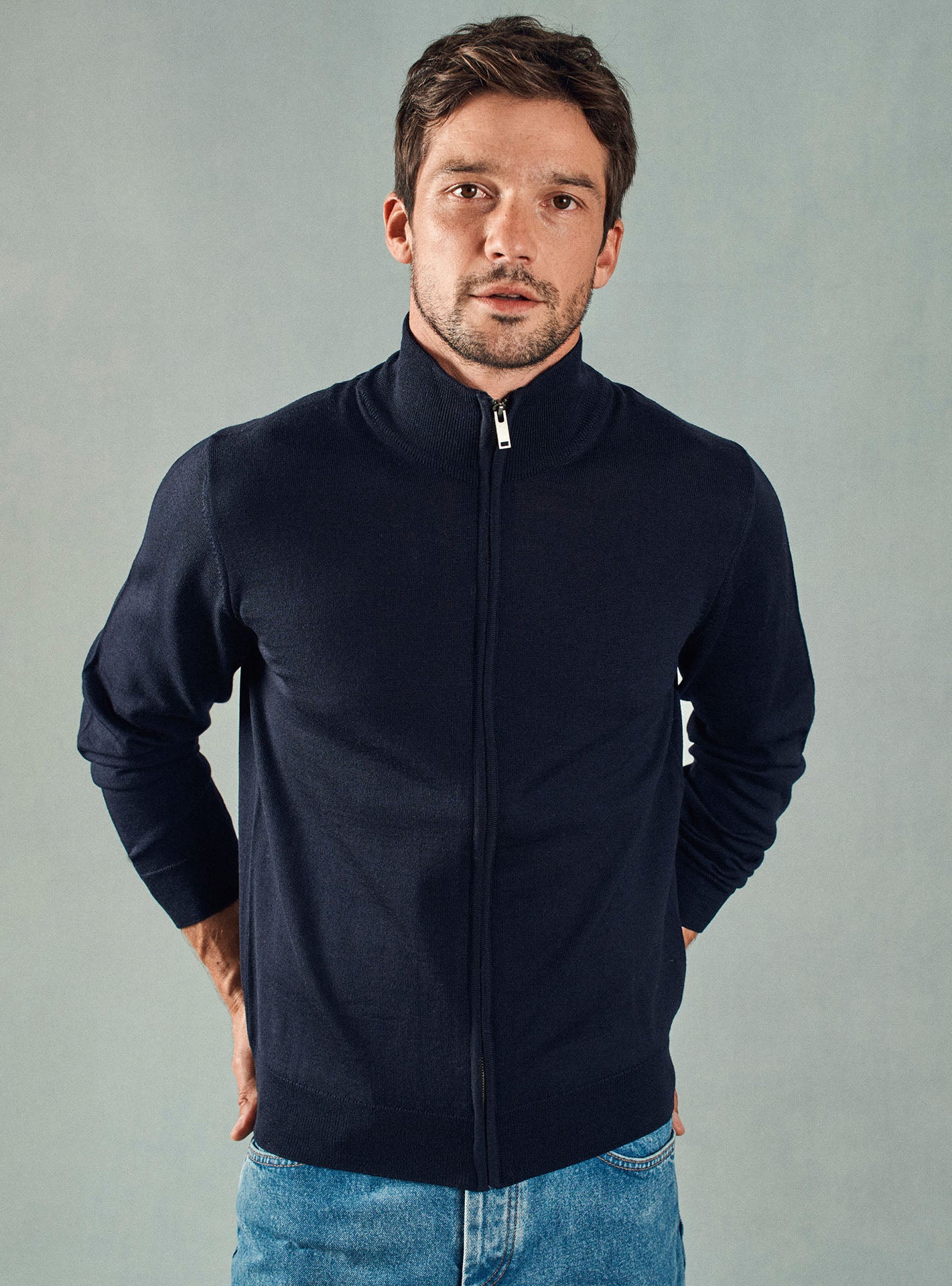 Cardigan marine en laine Balibaris - Scott - Plan taille