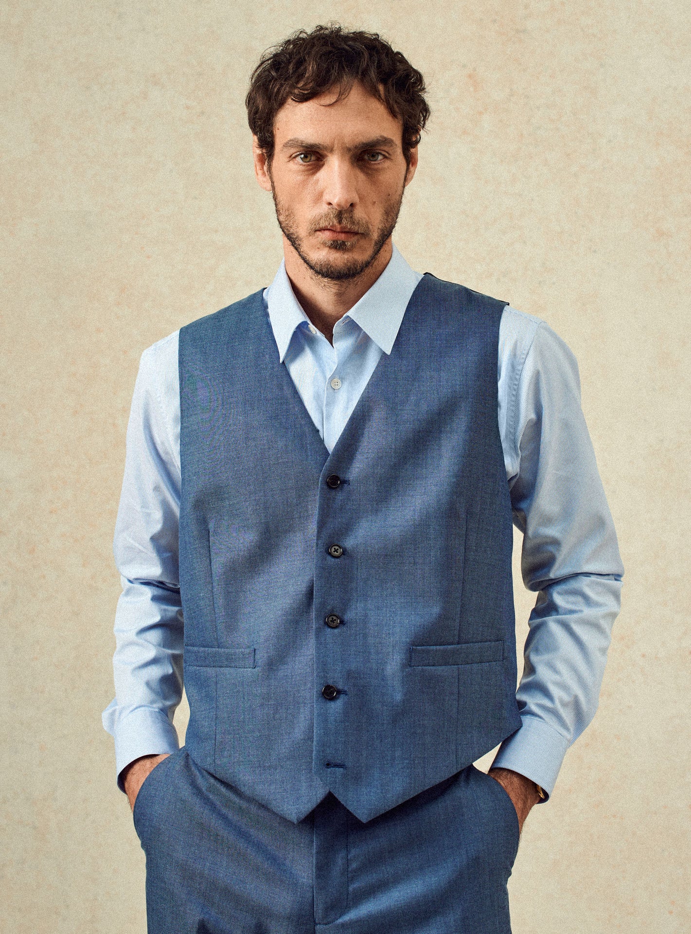 Gilet de costume en laine Balibaris - Gekko Blue Melanged - Plan taille